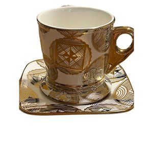 Mary Kay Cup and Saucer Set White Gold Abstract Ornate Square saucer gold handle